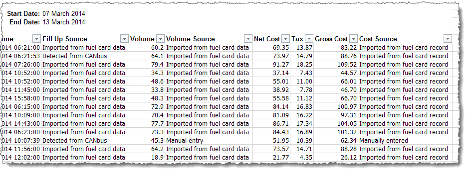 A report showing fuel records imported from a fuel card system