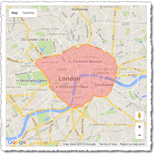 Screenshot showing how a geofence representing the London Congestion Charging Zone.